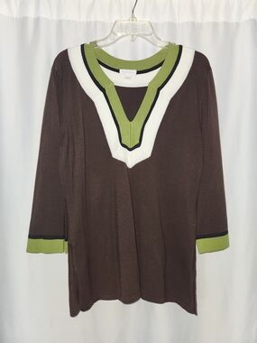 Charter Club Brown V-Neck Sweater w/Green and White Trim Size L #colorful #bold